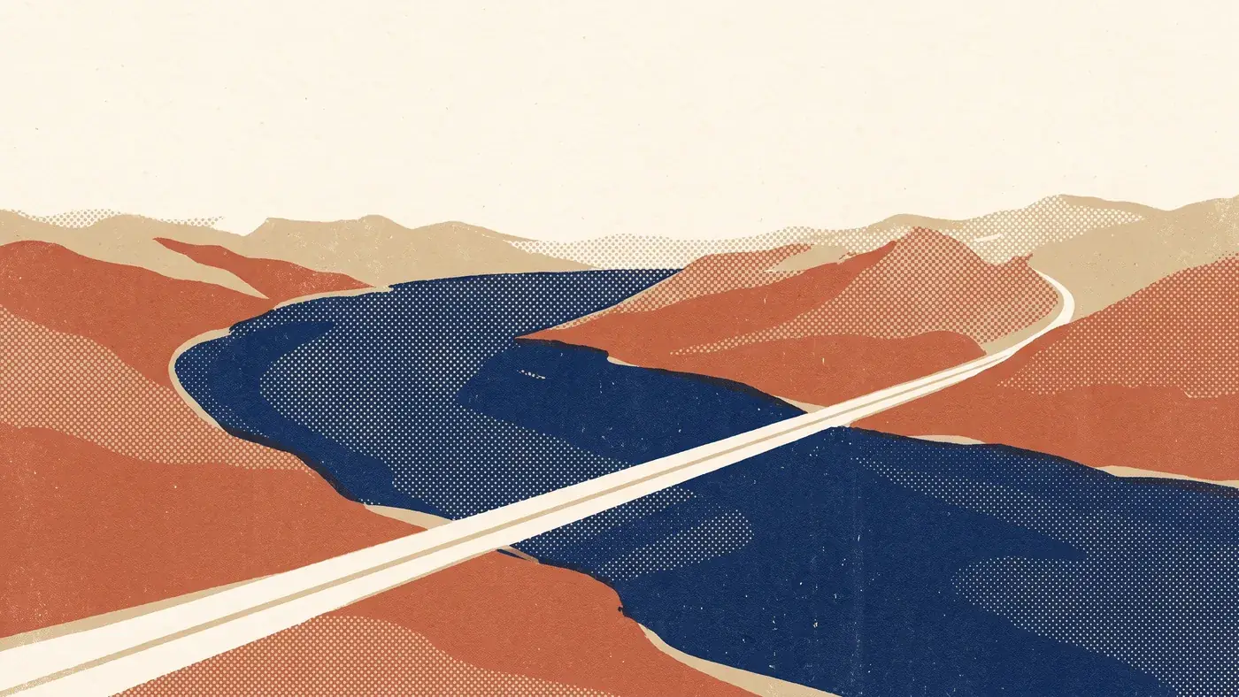 Illustration sérigraphiée de l’arc lémanique, les deux rives en terre et en sable, l’eau en bleu profond, une route claire qui les relie.
