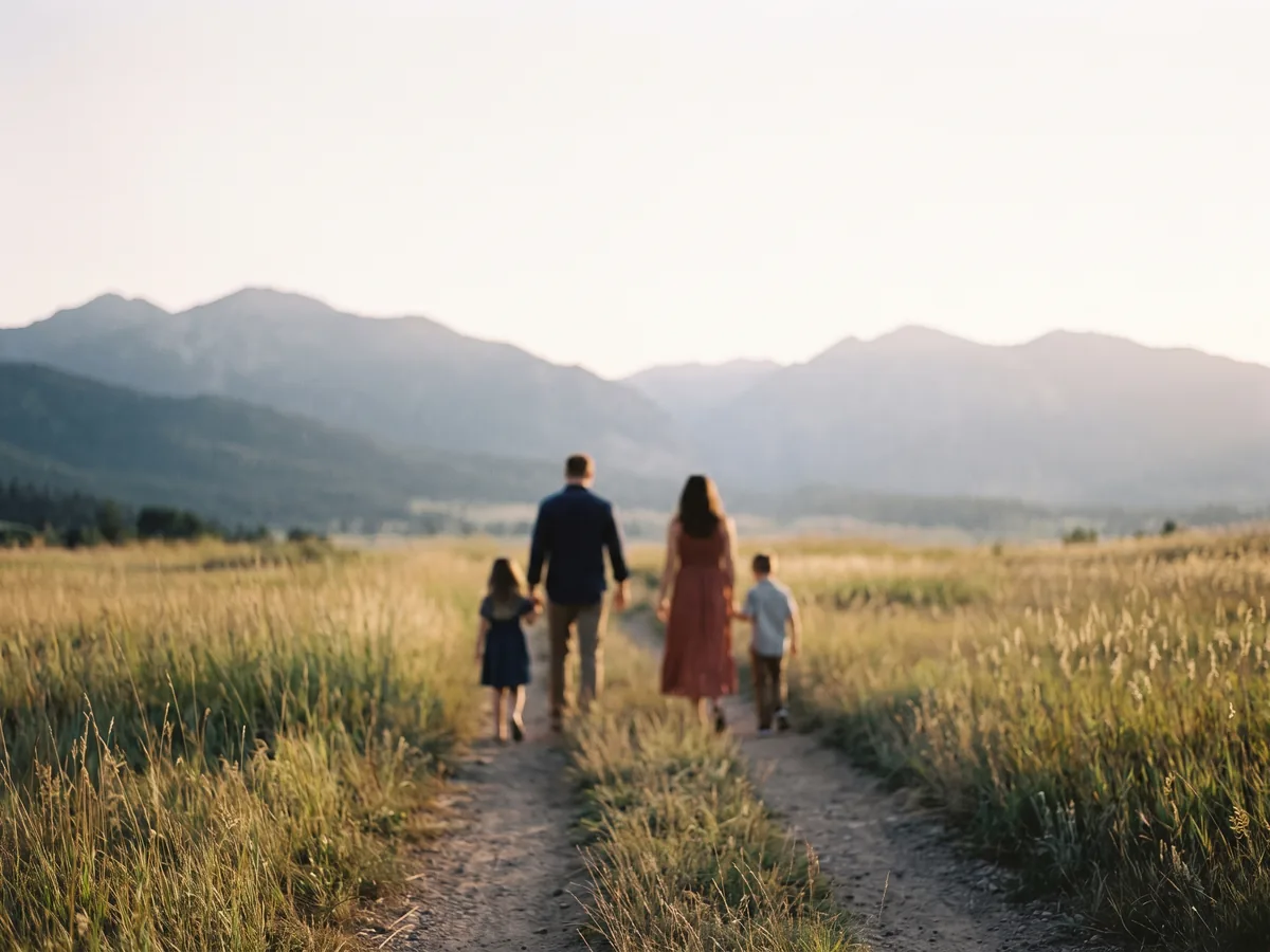 Deux adultes et deux enfants marchent sur un chemin de campagne vers des montagnes lointaines.