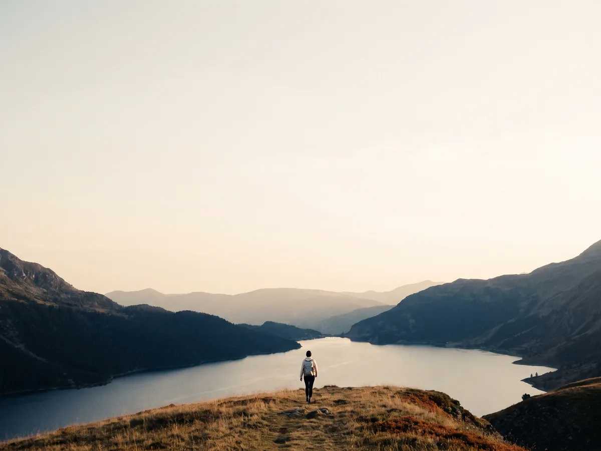 Une silhouette lointaine marche sur un sentier au-dessus d’un grand lac de montagne.