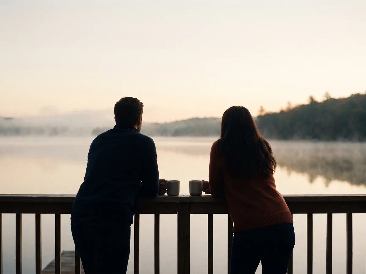 Deux silhouettes accoudées à une terrasse en bois qui domine un lac dans la brume, au petit matin.