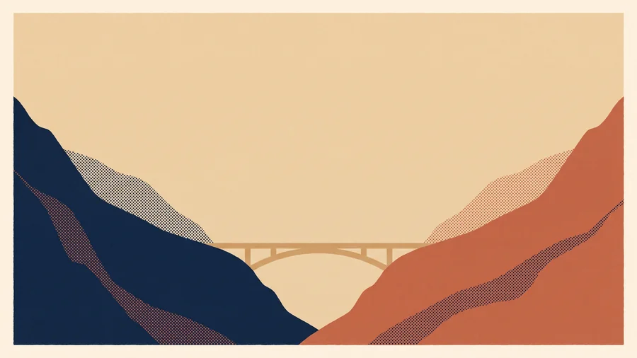 Illustration sérigraphiée : deux versants de montagne face à face, reliés par un pont clair.