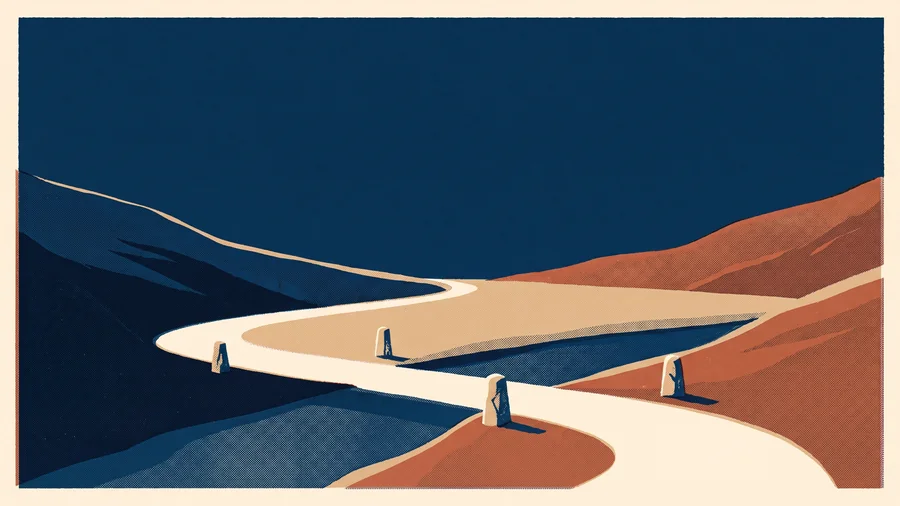 Illustration : un chemin traverse une vallée et franchit une rivière, jalonné de quatre bornes.
