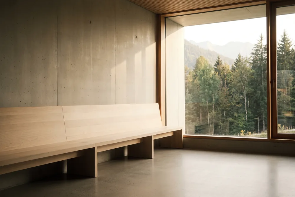 Une salle d’attente claire et paisible, banquette en bois, grande baie vitrée sur la montagne.