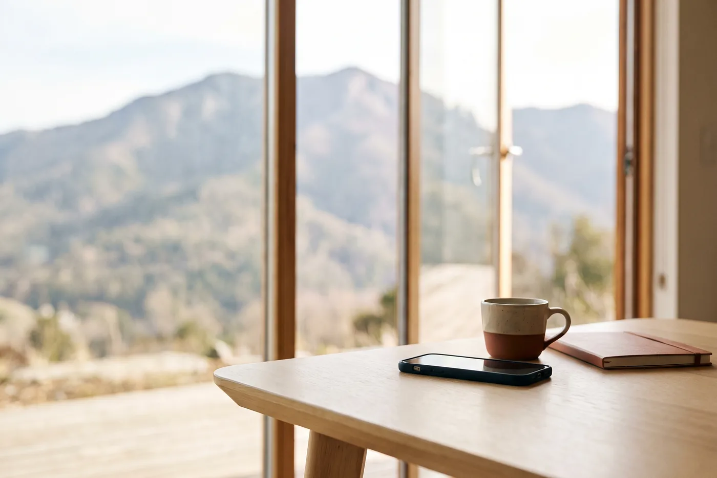 Un coin de table en bois devant une fenêtre ouverte sur la montagne, un téléphone et une tasse de café.