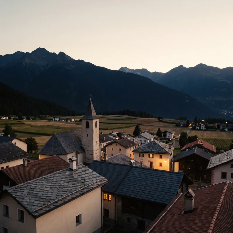 Un village de la frontière au crépuscule, quelques fenêtres éclairées, les Alpes derrière.